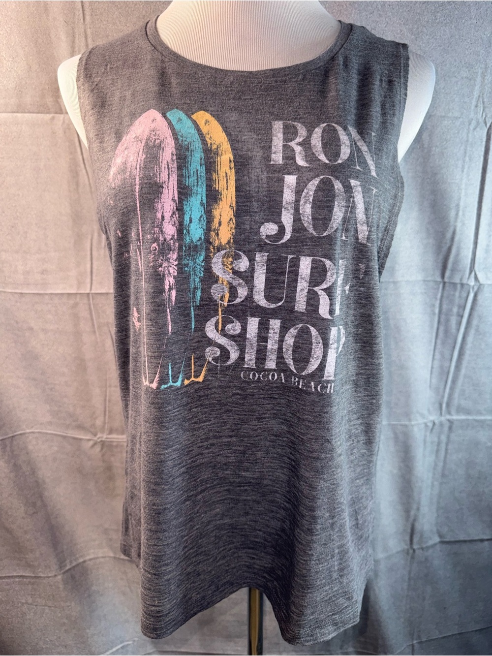 2106-Ron Jon Charcoal Tank with Pink, Teal & Yellow Surfboard Graphic